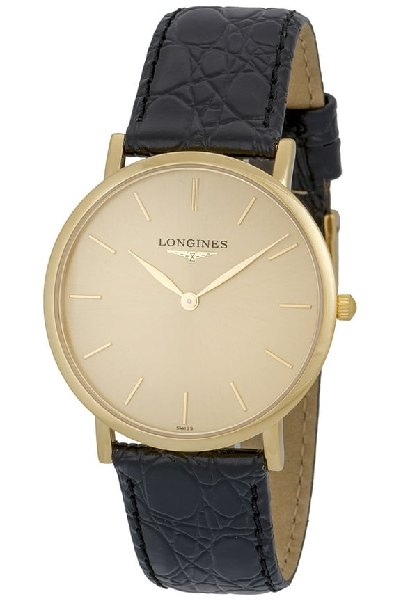 Presence 18K Yellow Gold Black Leather Quartz Mens Watch L48246322