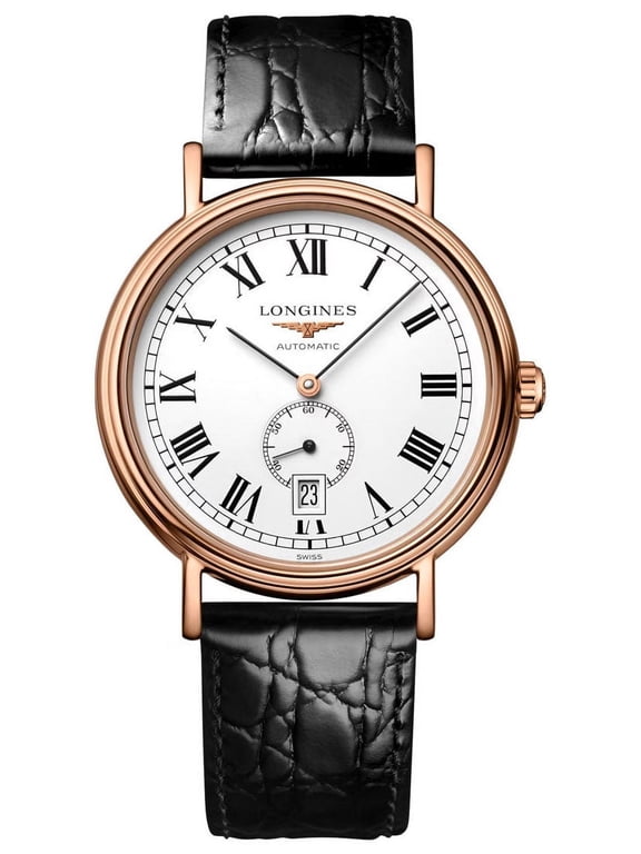 Presence Automatic Rose Gold PVD White Dial Black Leather Strap Date Mens Watch L4.904.1.11.2