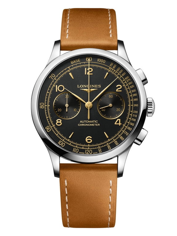 Record Chronometer Chronograph Black Dial Leather Strap Men's Watch L2.921.4.56.2
