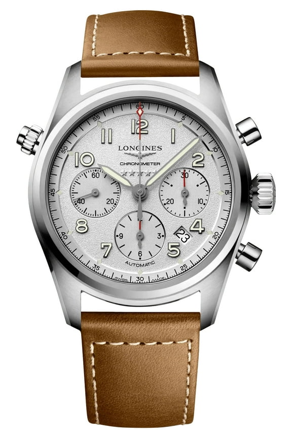 Spirit Automatic Chronograph COSC Stainless Steel Silver Dial Brown Leather Strap Date Mens Watch L3.820.4.73.2