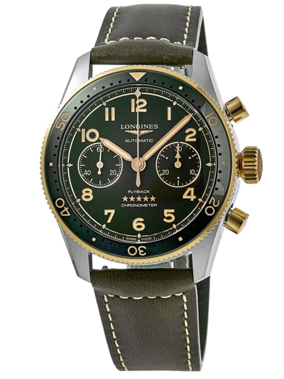 Spirit Flyback Automatic Chronograph 42mm Green Dial 18K Yellow Gold Cap Bezel Leather Strap Men's Watch L3.821.5.53.2