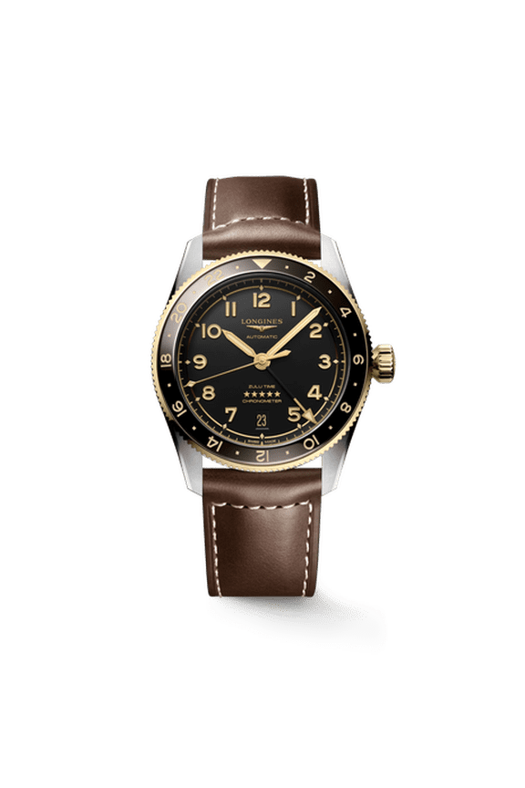 Spirit Zulu Time Automatic GMT Black Dial 18K Yellow Gold Bezel Leather Strap Men's Watch L3.802.5.53.2