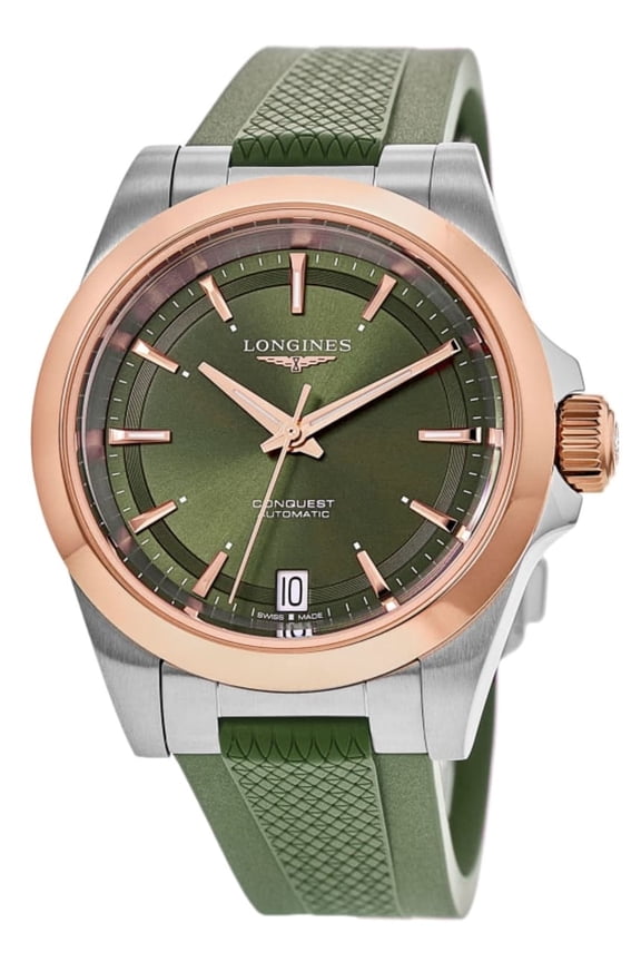 Conquest Automatic Green Dial 18K Rose Gold Plated Bezel Rubber Strap Women's Watch L3.430.5.02.9