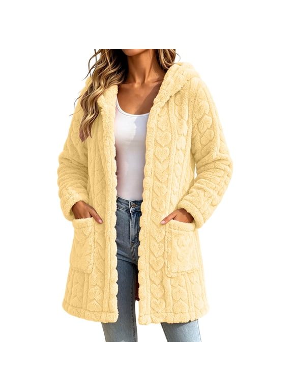 Longline Fleece Jackets for Women Open Front Thermal Winter Thick Long leeve Coats with Pockets