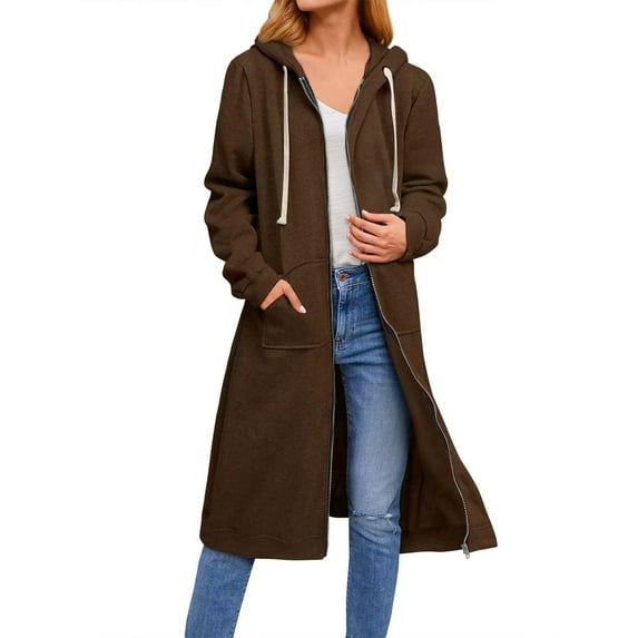 Longline Hooded Zip Up Jackets Women's Loose Fit Cotton Coat Long Sleeve Sweatshirt Outerwear For Autumn Winter Comfort