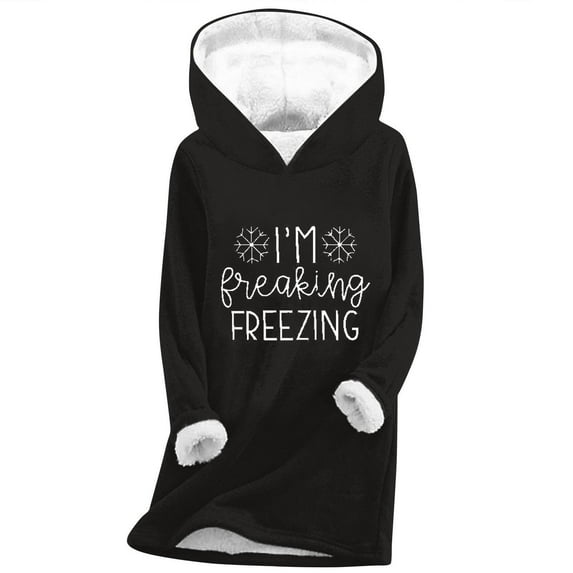 Longline Hoodie for Women Oversized Sherpa Fleece Lined Sweatshirts with Pockets Long Sleeve Tops Funny Letter Print Sweaters Casual Hooded Pullover Loose Hoody s Plus Size