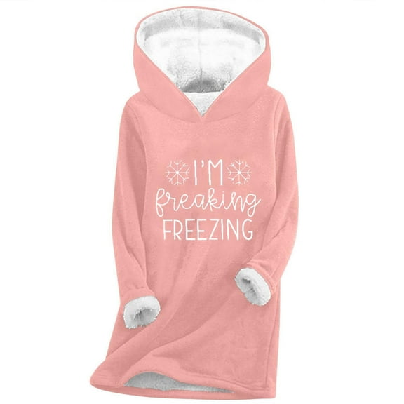 Longline Hoodie for Women Oversized Sherpa Fleece Lined Sweatshirts with Pockets Long Sleeve Tops Funny Letter Print Sweaters Casual Hooded Pullover Loose Hoody s Plus Size