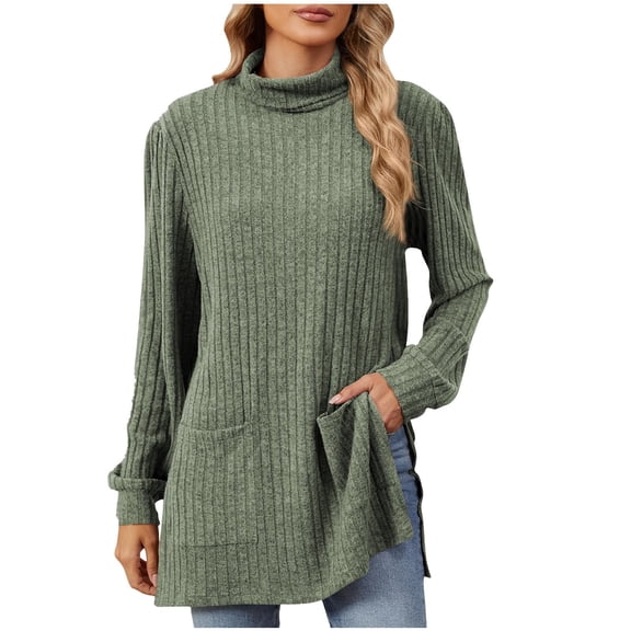 Longline Sweaters Womens, Knit Pullover Sweater for Women Side Slits Casual Turtle Neck Long Sleeve Tops with Pockets Soft Ribbed Knitted Shirts Warm Sweaters Loose Sweatshirt