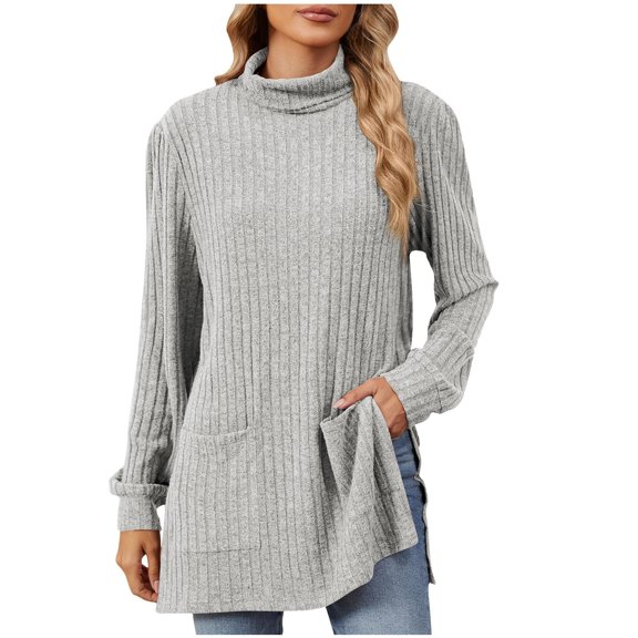 Longline Sweaters Womens, Knit Pullover Sweater for Women Side Slits Casual Turtle Neck Long Sleeve Tops with Pockets Soft Ribbed Knitted Shirts Warm Sweaters Loose Sweatshirt