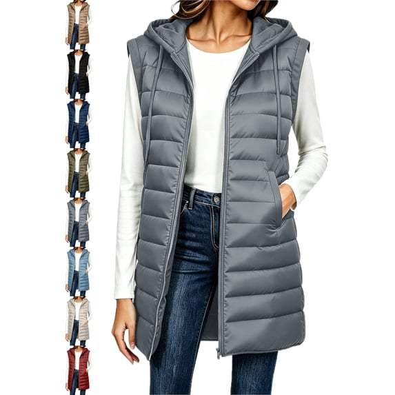 Longline Vest for Women Hooded Zip Front Sleeveless Cozy Fall Winter Vest