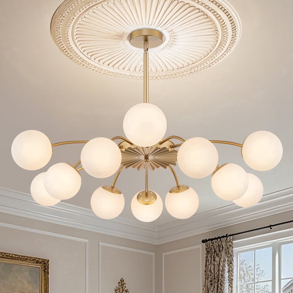 12-Light Mid-Century Gold Chandeliers, Milk Glass Bubble Ceiling Light