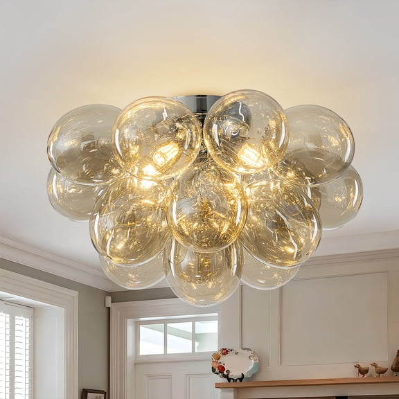 Longree 16-Inch Modern Glass Bubble Chandelier Semi Flush Mount Cognac Ceiling Light for Kids Bedroom, Foyer, Kitchen Island