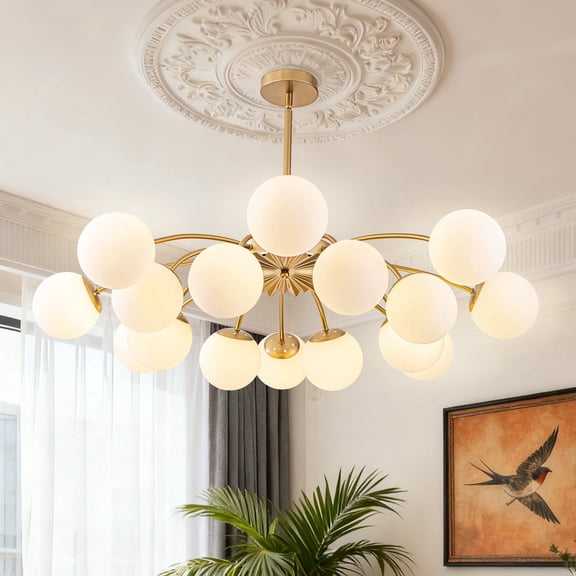 Longree 16-Light Gold Sputnik Chandelier with Opal Milk Glass Globes