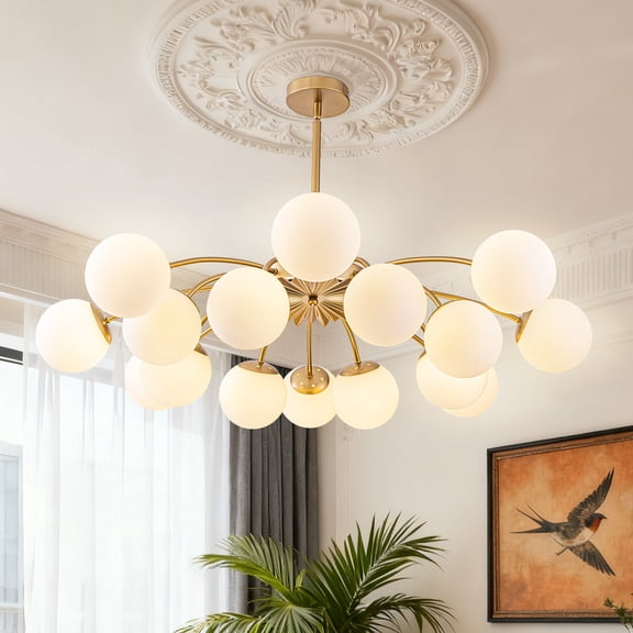 Longree 16-Light Gold Sputnik Chandelier, Mid Century Modern Opal Milk Glass Bubble Ceiling Light with Starburst Blossom Design, Semi Flush Mount for Dining Room, Living Room, Hallway