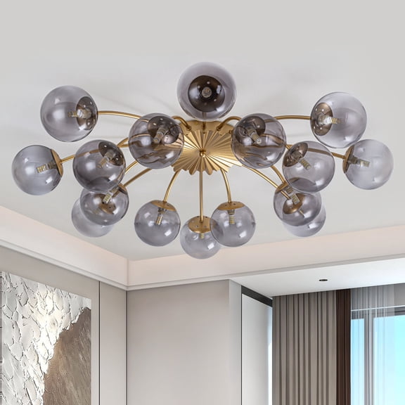 Longree 16-Light Gray Sputnik Chandelier Ceiling Light, Modern Industrial Semi-Flush Mount with Glass Globes for Dining Room, Living Room, Entryway