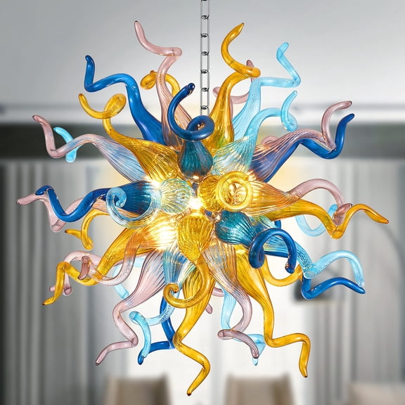 Longree Modern 4-Color Hand Blown Glass Art Chandelier 28in 6-Light G9 Pendant