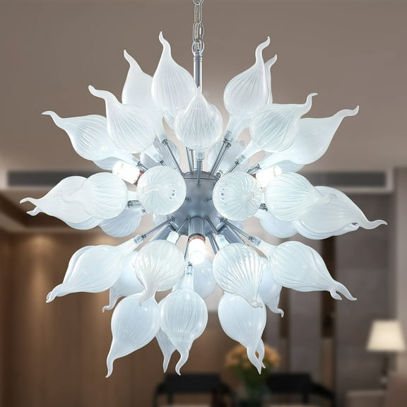 Longree 6-lights Plug in Hand Blown Glass Chandelier Modern Luxury White Flower Bud Glass Art Tall Ceiling Light Hanging Light Fixture for Kitchen, Bedroom, Dining Room, Living Room-LR1466