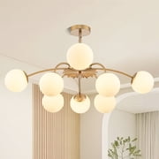 8-Light Gold Chandelier, Milk Glass Bubble Ceiling Light with Starburst Blossom Design