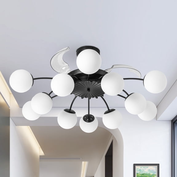 Longree Black and White Retractable Blades Ceiling Fan with 12-Light Fandelier, Mid Century Modern Glass Bubble Chandelier, Low Profile Flush Mount with Remote, 6 Speeds, for Living Room Bedroom