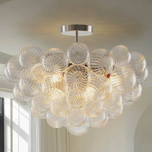 Longree Cluster Bubble Ball Glass Chandelier, silver Finish and Clear Ribbed Blown Glass Chandeliers, Semi Flush Mount Ceiling Light Fixture 24" Dia