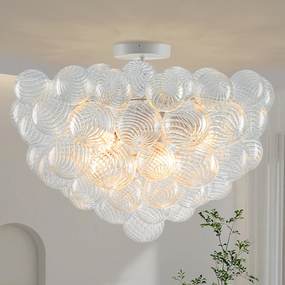 Longree Cluster Bubble Ball Glass Chandelier, white Finish and Clear Ribbed Blown Glass Chandeliers, Semi Flush Mount Ceiling Light Fixture 24" Dia