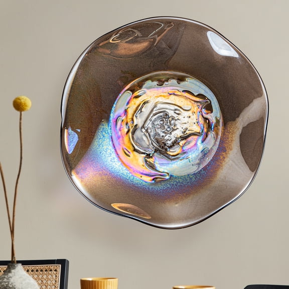Longree Glass Wall Decor Hand Blown Art Glass Plate 12 Inch Brown Iridescent Rainbow Handmade Decorative Platter for Living Room Kitchen Hallway Dining Room