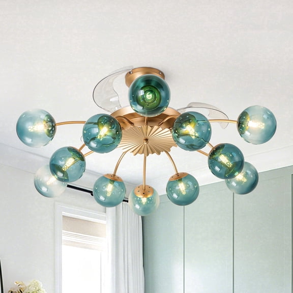 Longree 38.98 in Mid-Century Flush Mount Ceiling Fan with Light, Blue, G9, Remote Control