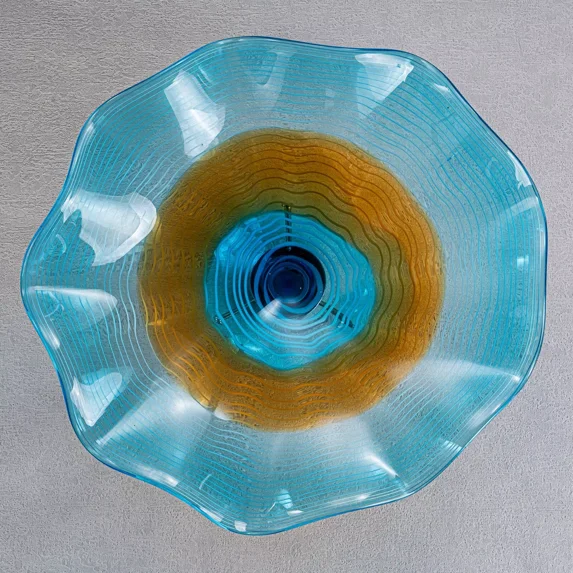 Longree Hand Blown Glass Wall Art Platter, 12-Inch Diameter, Blue and Gold Accent