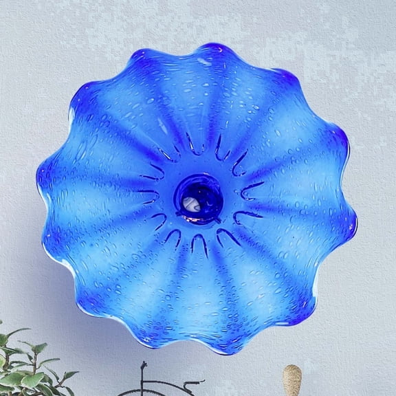 Longree Handcrafted Glass Wall Decor 12" Blue Art Glass Sculpture Murano-Inspired Decorative Plate for Gallery Wall, Office & Coastal Home