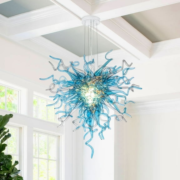 Longree Luxury Hand Blown Glass Chandelier, Blue 6-Light Ceiling Light Fixture