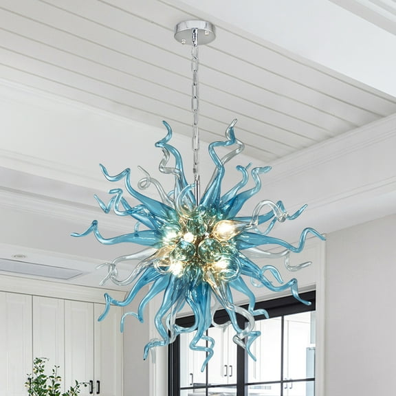 Longree Modern Adjustable Height 6-Light LED Chandelier, Blue Blown Glass Pendant Lights-28"Dia