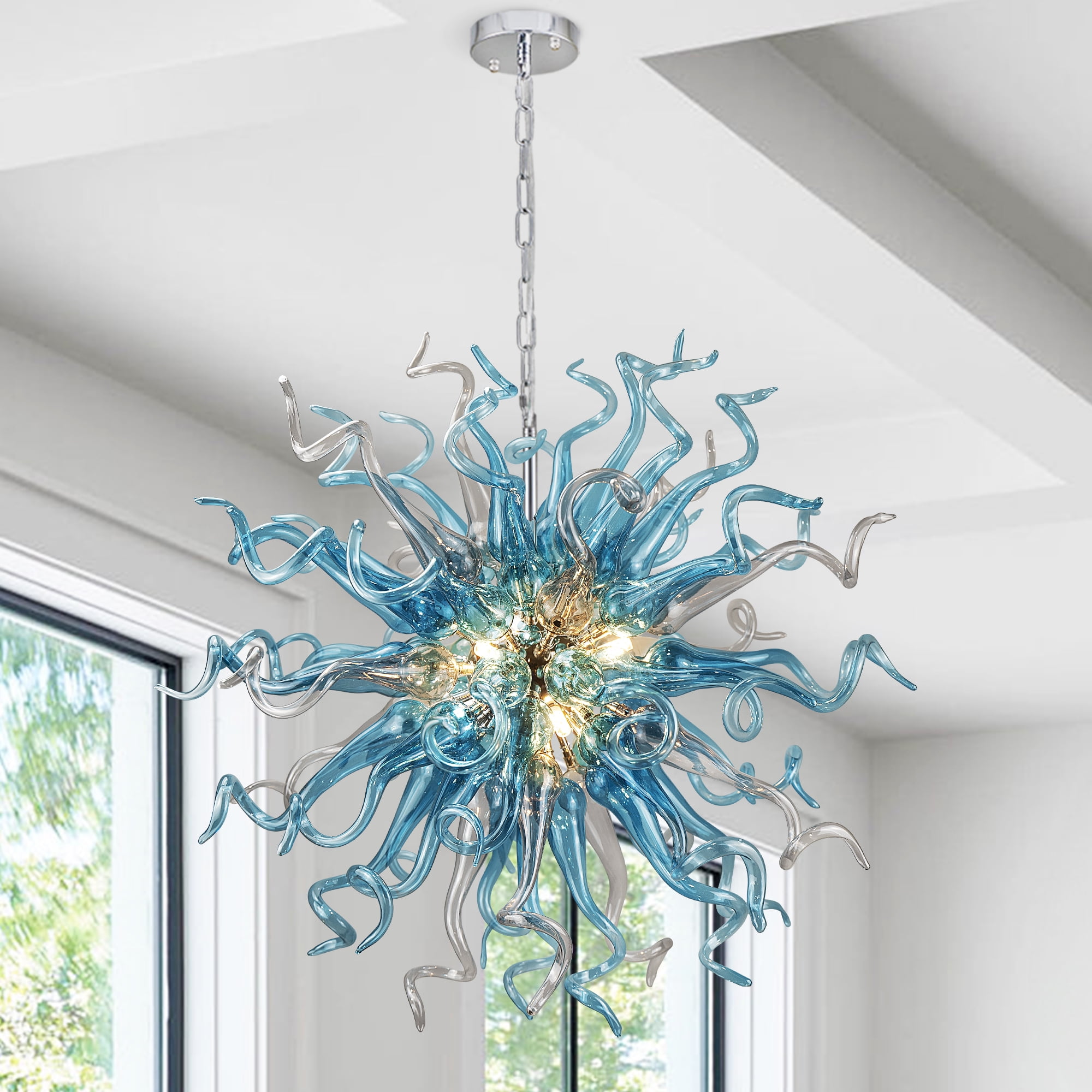 Longree Modern Adjustable Height 6-Light LED Chandelier, Blue Blown Glass  Pendant Lights-32\, image size:2000x2000