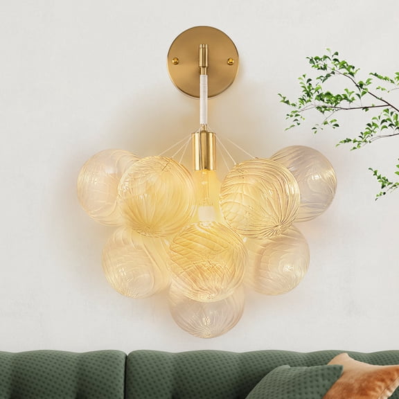 Longree White Gold Bubble Glass Wall Sconces, Glass Globes Wall Lamps, Ribbed Glass Balls Wall Porch Lights