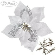 Longrv 20pcs Christmas Poinsettia Flowers Ornaments, 8 inch Artificial Glitter Christmas Tree Decorations with Clips for Wedding Holiday Wreath Decor