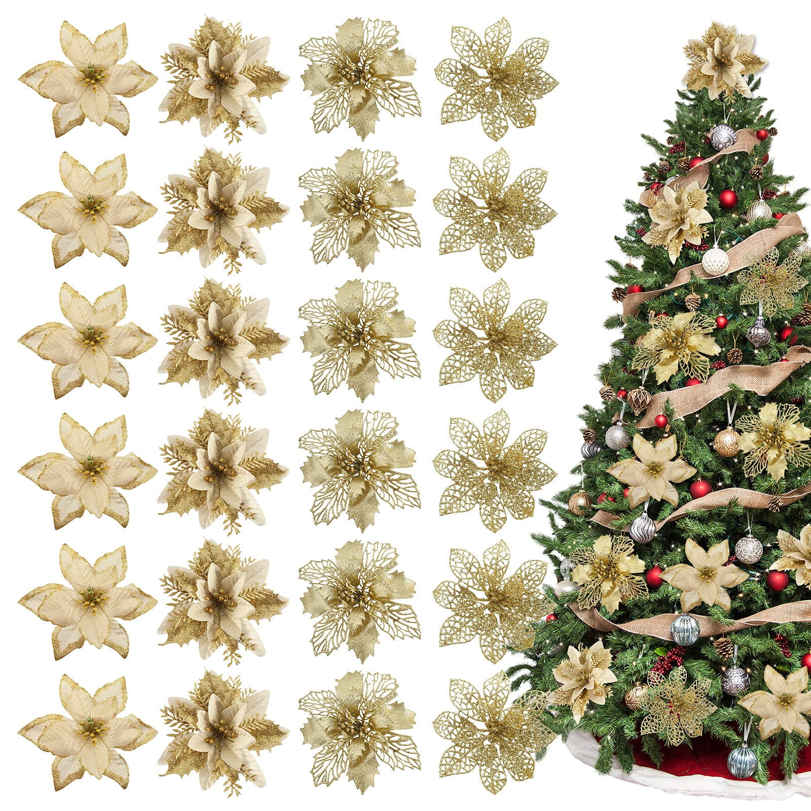 Longrv 40 Pack Christmas Poinsettia Ornaments, Artificial Glitter Xmas ...