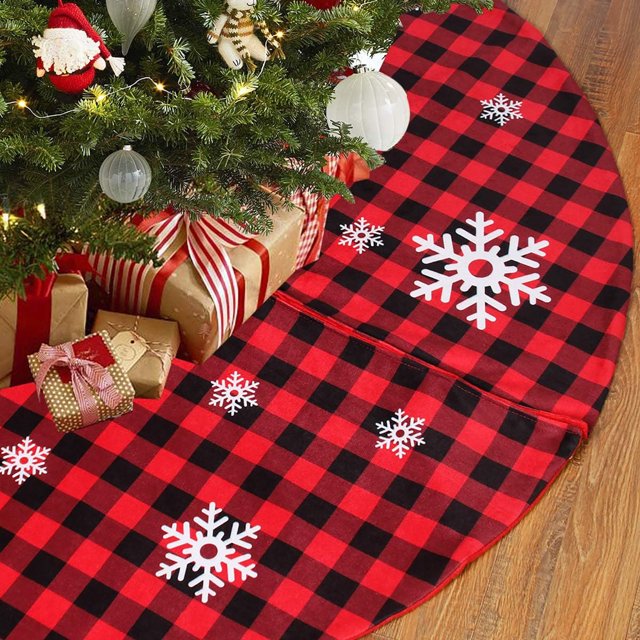 Longrv 48 inch Christmas Tree Skirt Red and Black Buffalo Plaid Xmas