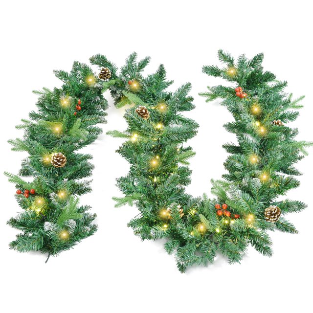 Longrv 9 FT Christmas Prelit Garland Decorations, 50 LED Warm Lights Battery Operated Lighted