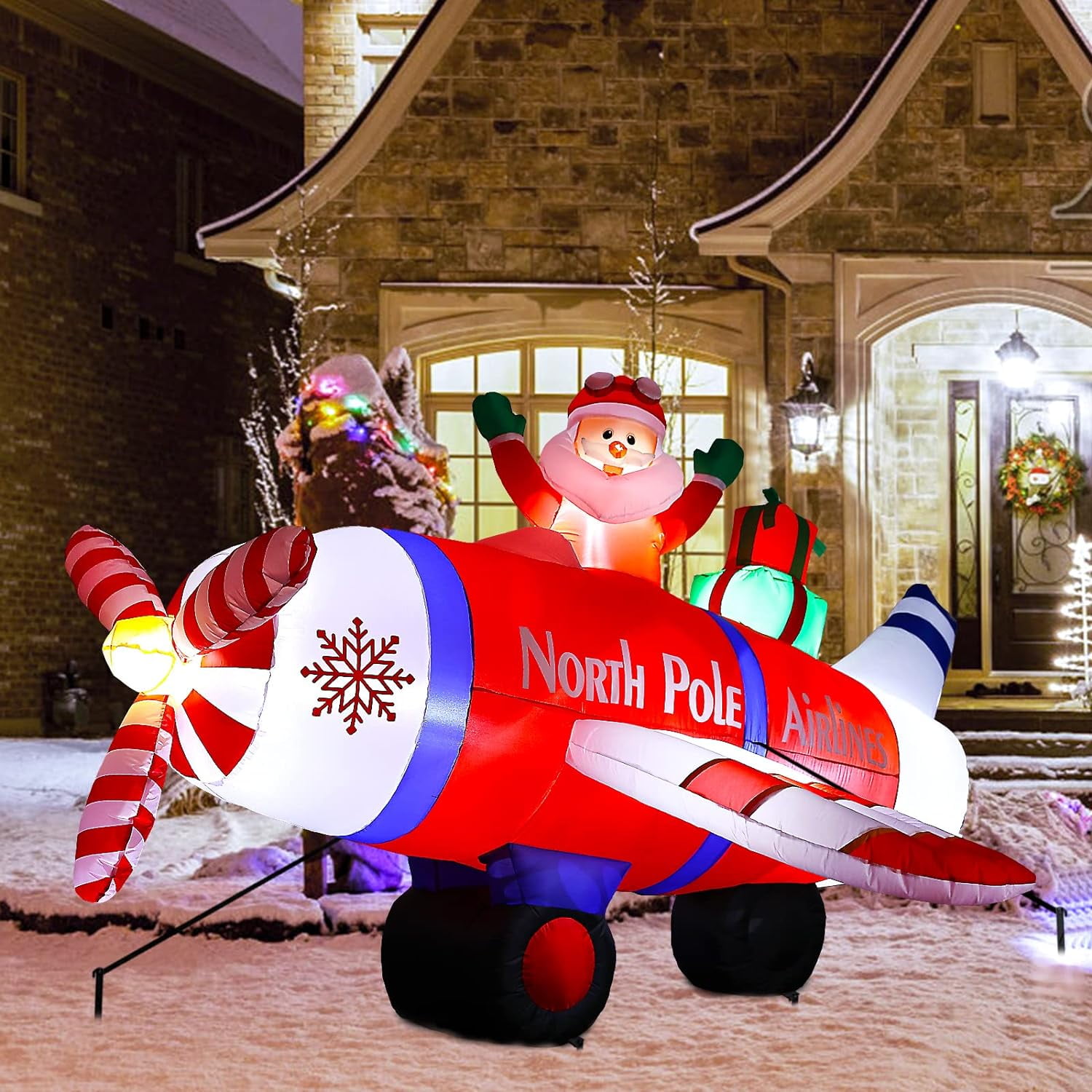 Longrv Christmas Inflatable Santa Claus Flying Airplane, 8ft Blow up