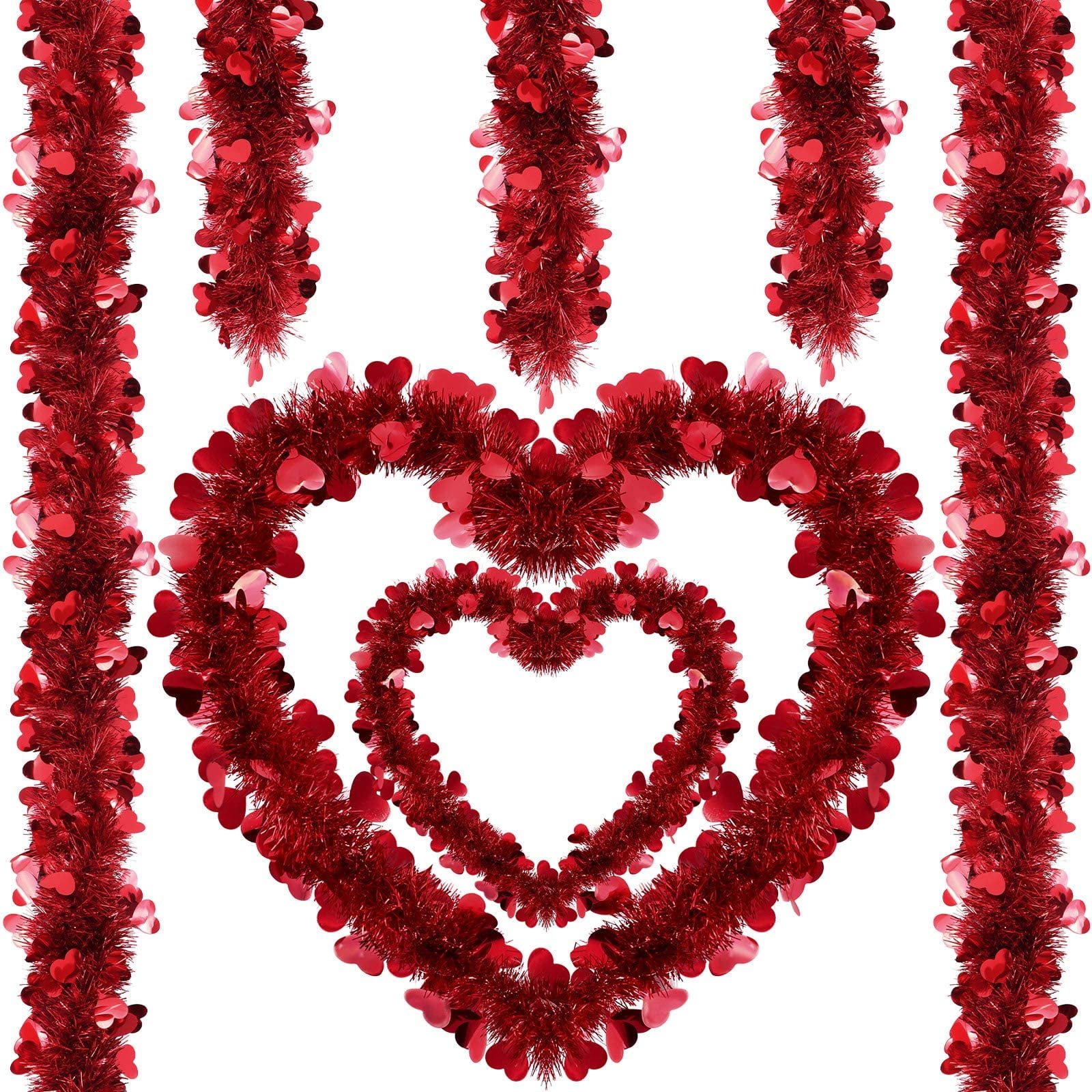 Longrv Decorated Red Heart Tinsel Metallic Foil Hanging Garlands, (Red) (5 Count)