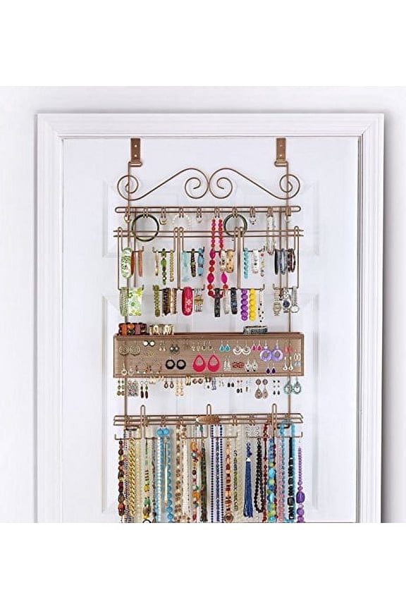Over the Door or Wall Hanging Jewelry Organizer, Steel, 5 lb, Bronze, Holds 300 Pieces