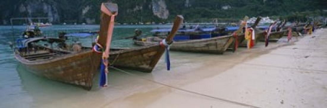 Longtail boats moored on the beach Mahya Beach Ko Phi Phi Lee Phi Phi Islands Thailand Canvas Art - Panoramic Images (18 x 6)