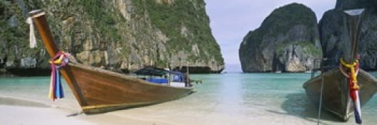 Longtail boats moored on the beach Mahya Beach Ko Phi Phi Lee Phi Phi Islands Thailand Canvas Art - Panoramic Images (36 x 12)