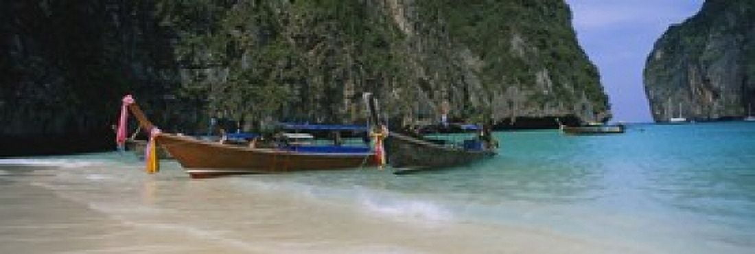 Longtail boats moored on the beach Ton Sai Beach Ko Phi Phi Don Phi Phi Islands Thailand Canvas Art - Panoramic Images (18 x 6)