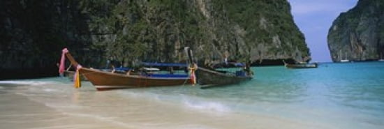 Longtail boats moored on the beach Ton Sai Beach Ko Phi Phi Don Phi Phi Islands Thailand Canvas Art - Panoramic Images (36 x 12)