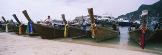 Longtail boats moored on the beach Ton Sai Beach Ko Phi Phi Don Phi Phi Islands Thailand Canvas Art - Panoramic Images (36 x 13)