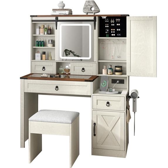 Longtingus Farmhouse Makeup Vanity with Charging Station and Jewelry Cabinet, 42-Inch Glass Top Table Set