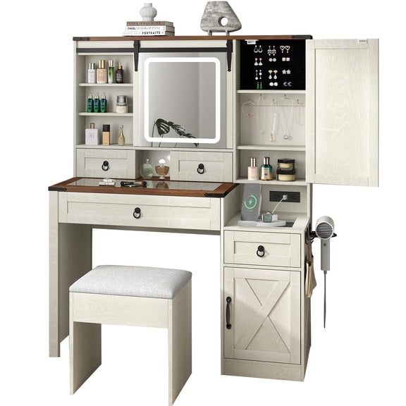 Longtingus Farmhouse Makeup Vanity with Charging Station and Jewelry Cabinet, 42-Inch Glass Top Table Set