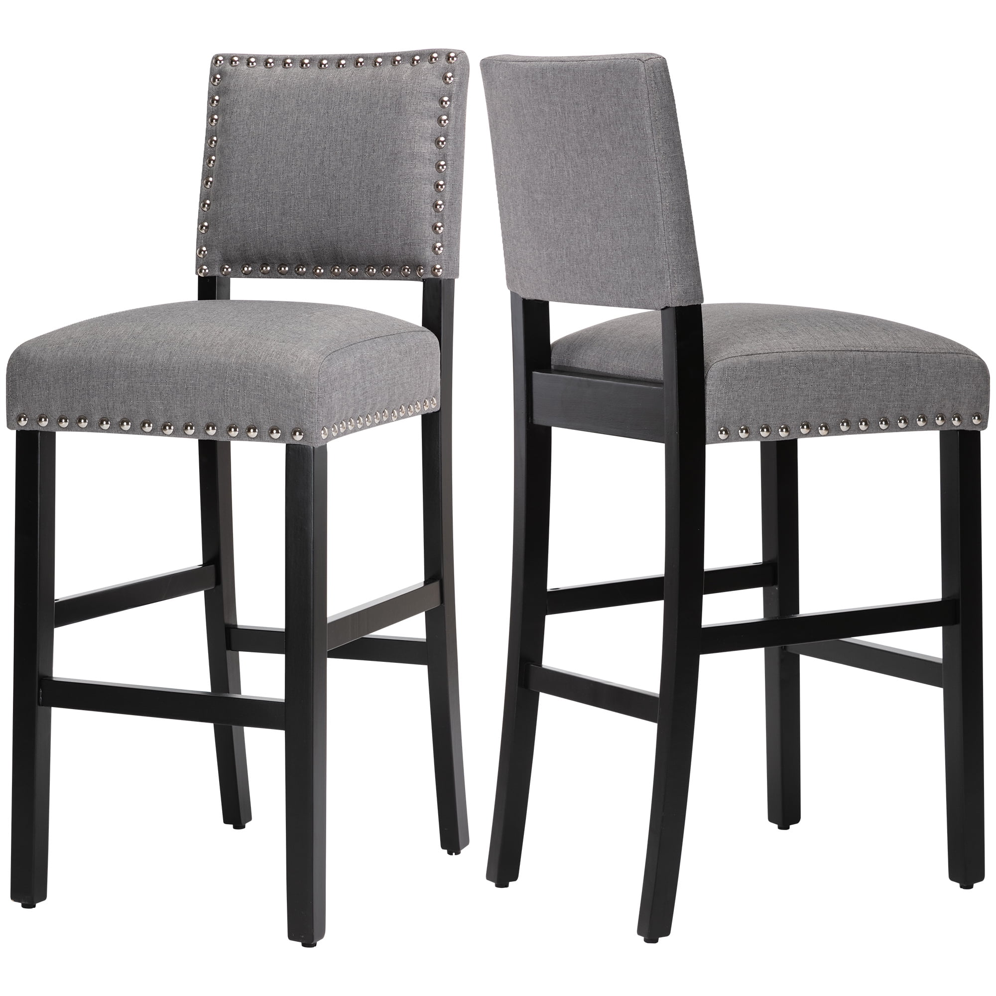 Gray Upholstered Counter Height Bar Stools with Nailhead Trim, Set of 2