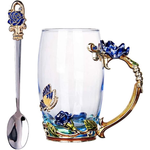 Longwin Enamel Glass Mug Butterfly Flower Lead-Free Drinking Tea Cup Coffee Mugs with Steel Spoon Set for Women Birthday Valentines Wedding Day Gifts Blue