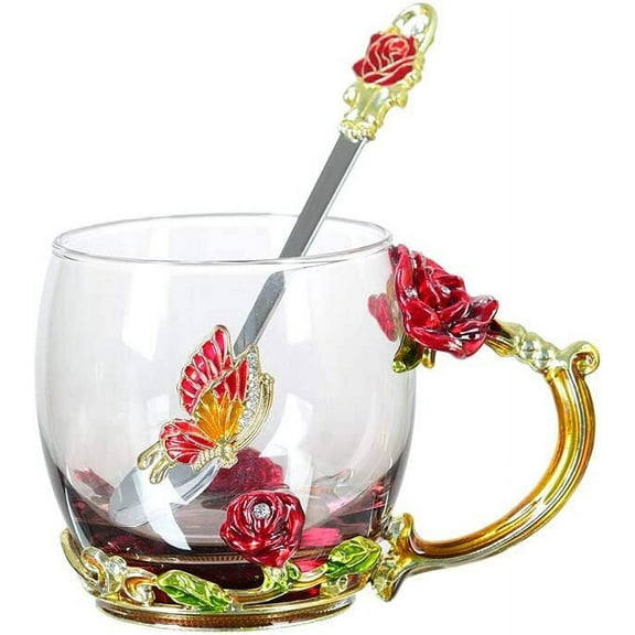 Longwin Enamel Glass Mug Butterfly Flower Lead-Free Drinking Tea Cup Coffee Mugs with Steel Spoon Set for Women Birthday Valentines Wedding Day Gifts Red